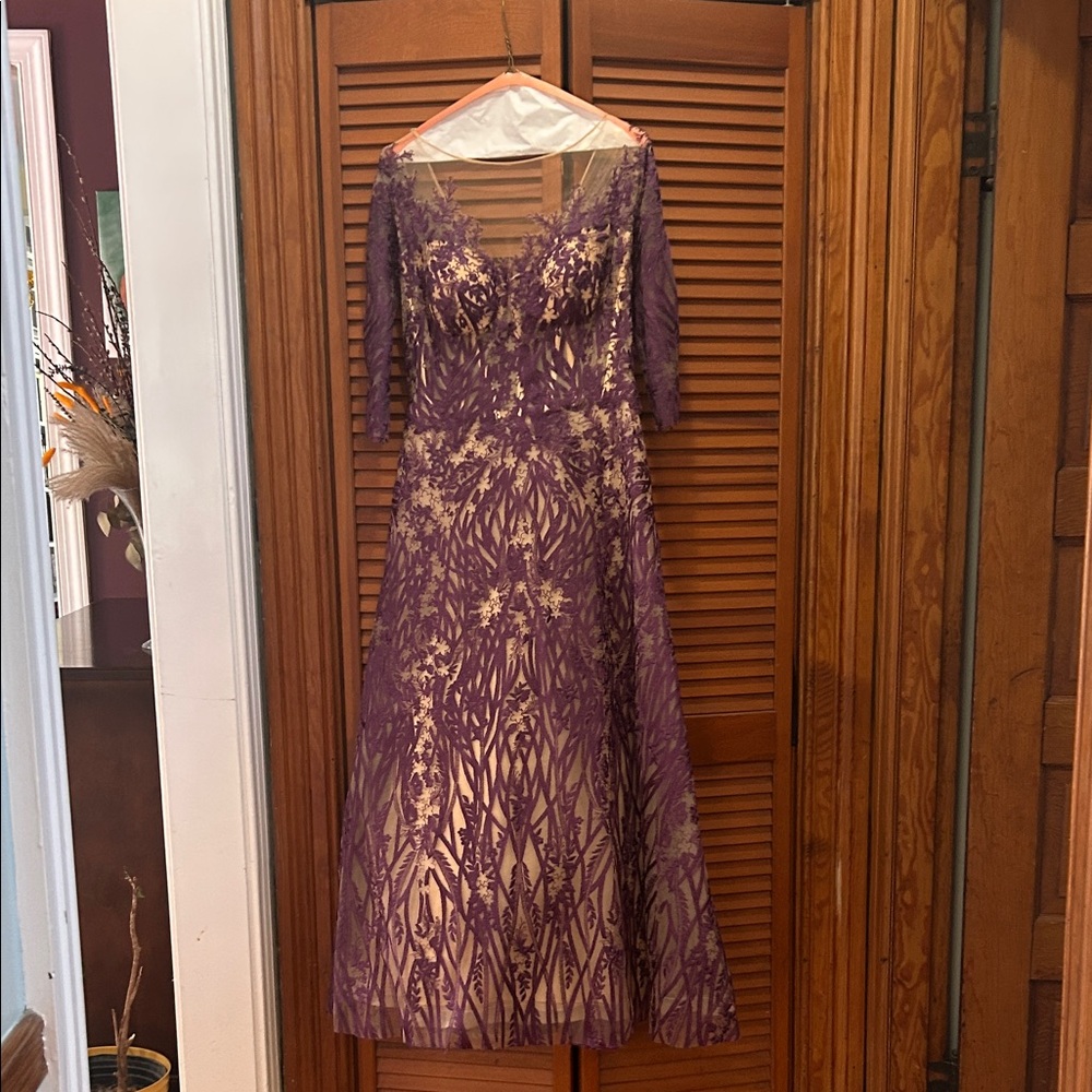 Elegant Purple Long-Sleeve Embroidered Evening Gown